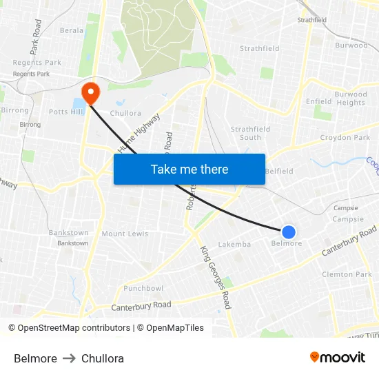 Belmore to Chullora map