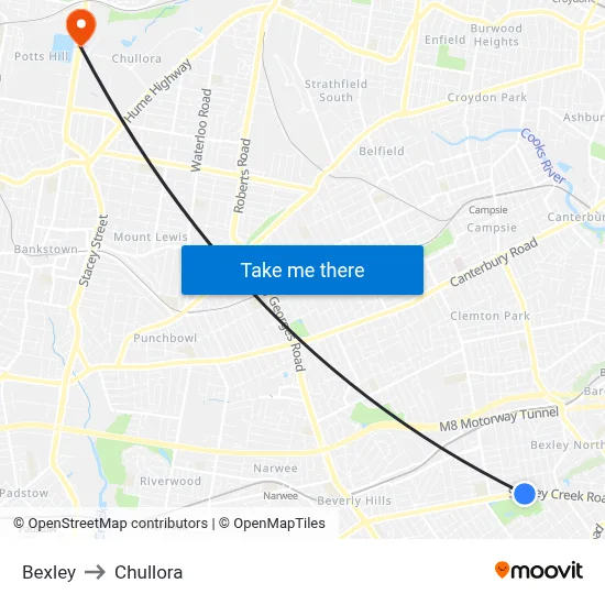 Bexley to Chullora map