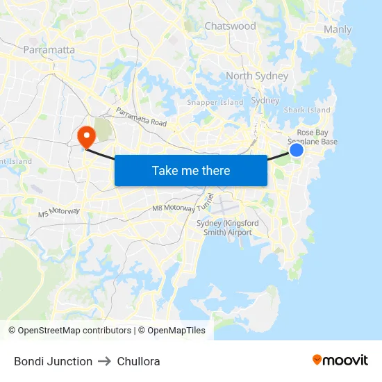 Bondi Junction to Chullora map