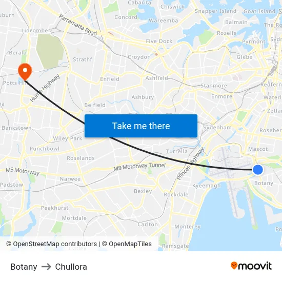 Botany to Chullora map