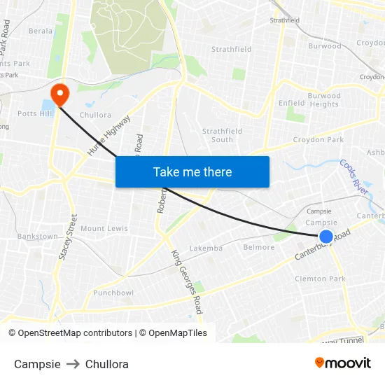 Campsie to Chullora map
