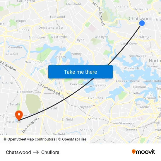 Chatswood to Chullora map