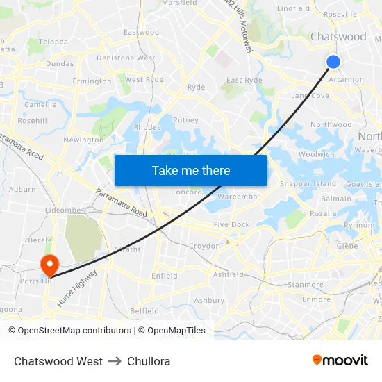 Chatswood West to Chullora map