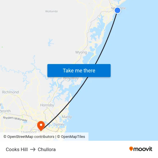 Cooks Hill to Chullora map