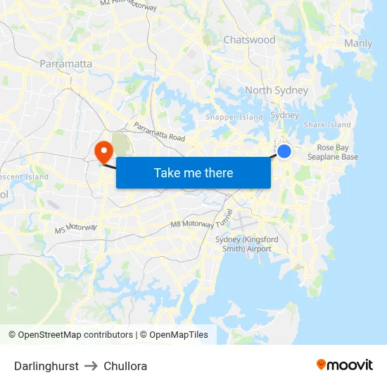 Darlinghurst to Chullora map