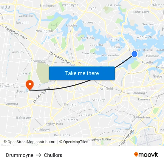 Drummoyne to Chullora map