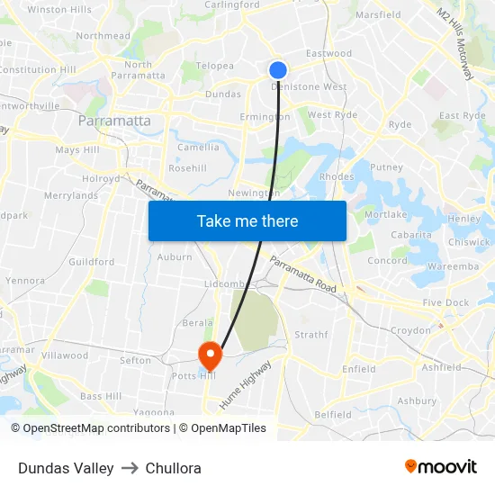 Dundas Valley to Chullora map