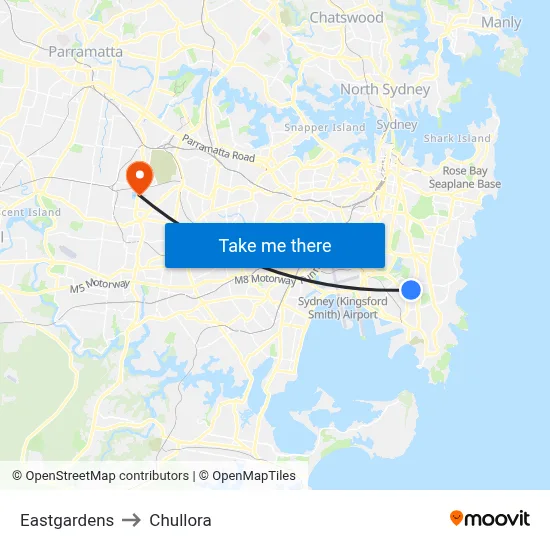 Eastgardens to Chullora map