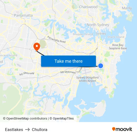 Eastlakes to Chullora map