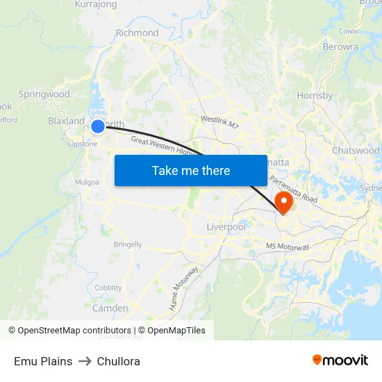 Emu Plains to Chullora map