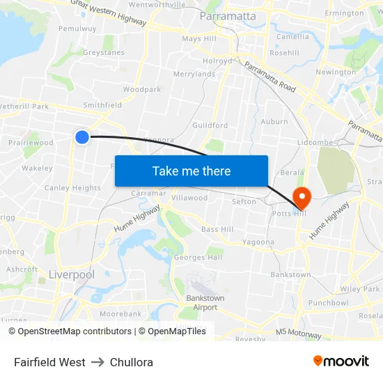Fairfield West to Chullora map