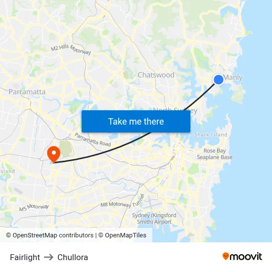 Fairlight to Chullora map
