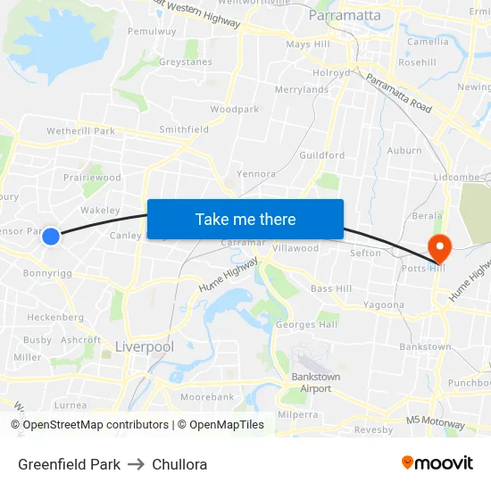 Greenfield Park to Chullora map