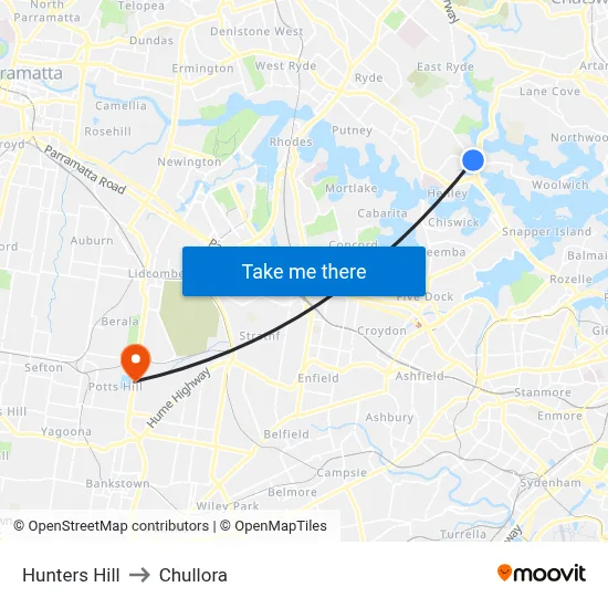 Hunters Hill to Chullora map
