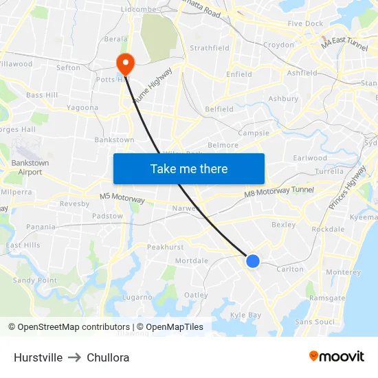 Hurstville to Chullora map