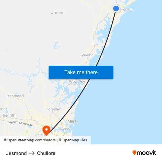 Jesmond to Chullora map