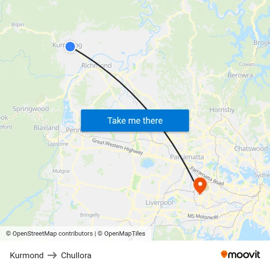 Kurmond to Chullora map