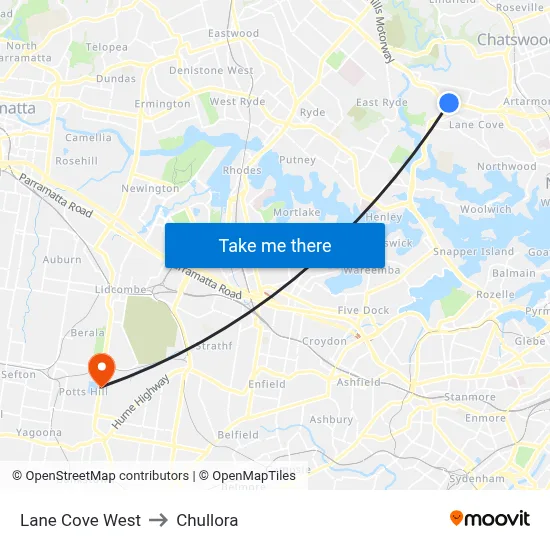 Lane Cove West to Chullora map
