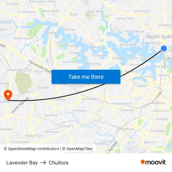 Lavender Bay to Chullora map