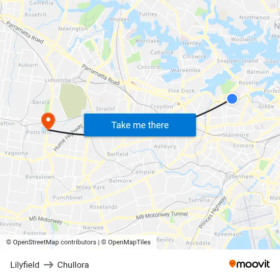 Lilyfield to Chullora map