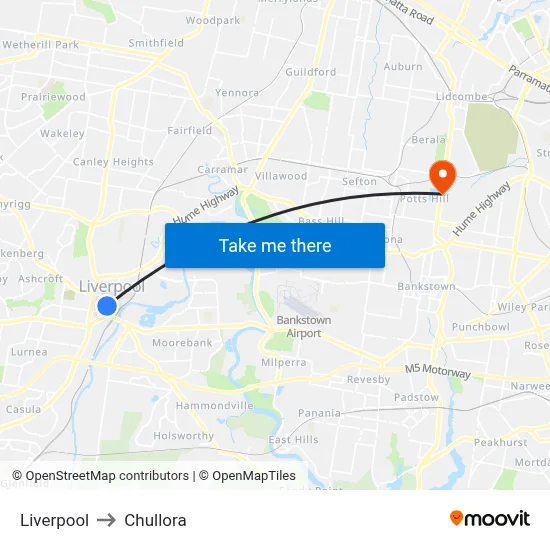 Liverpool to Chullora map