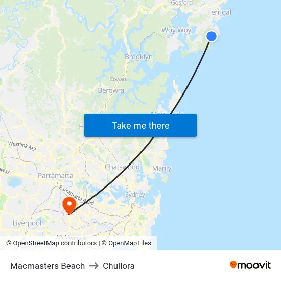 Macmasters Beach to Chullora map