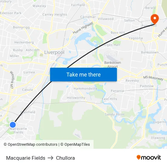 Macquarie Fields to Chullora map