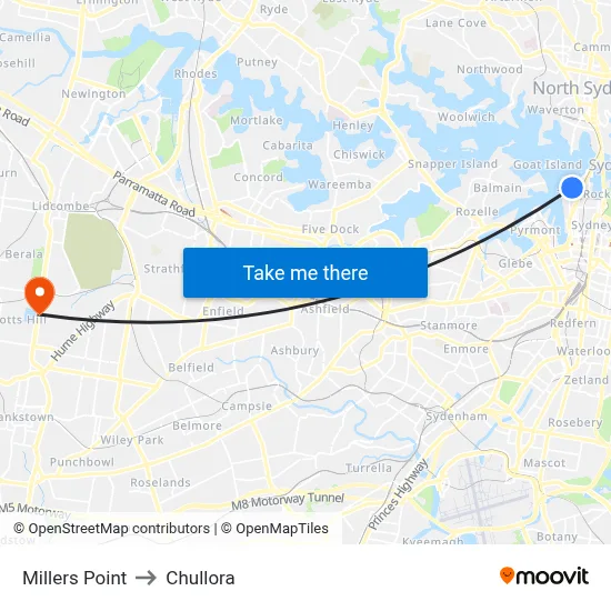 Millers Point to Chullora map
