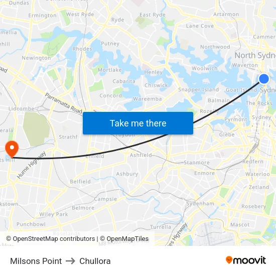 Milsons Point to Chullora map