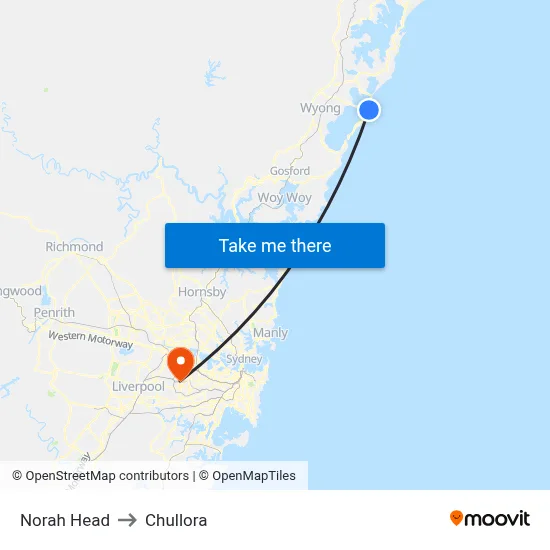 Norah Head to Chullora map