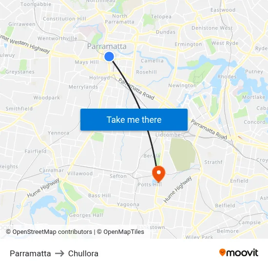 Parramatta to Chullora map