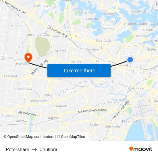 Petersham to Chullora map
