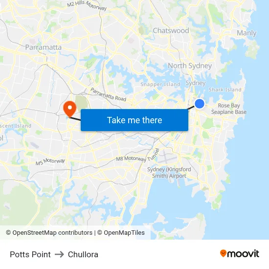 Potts Point to Chullora map