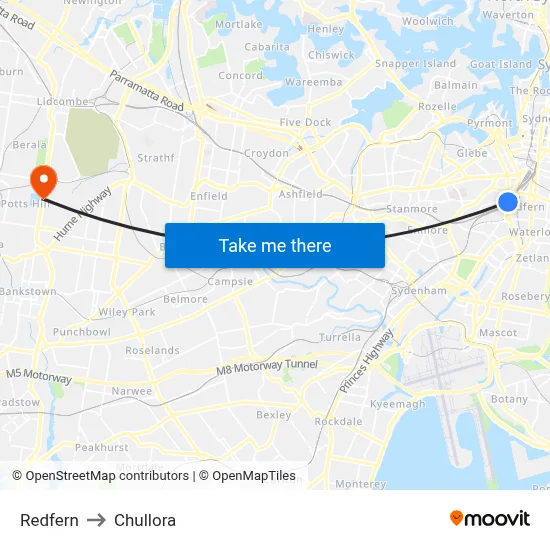 Redfern to Chullora map
