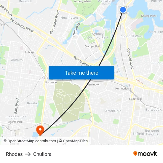 Rhodes to Chullora map