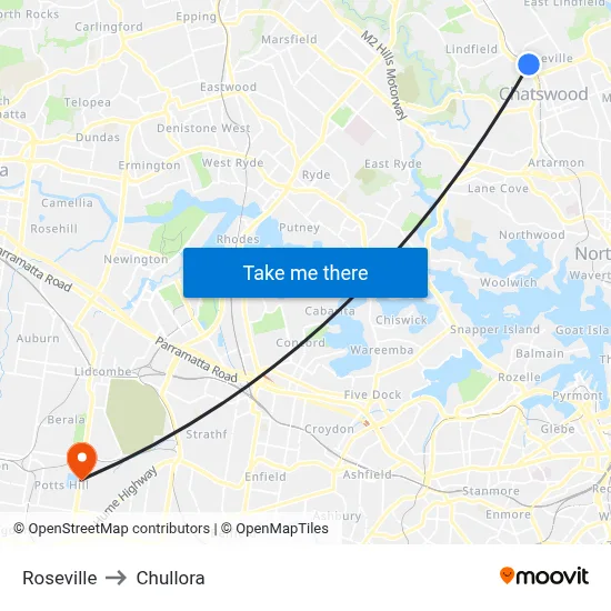 Roseville to Chullora map