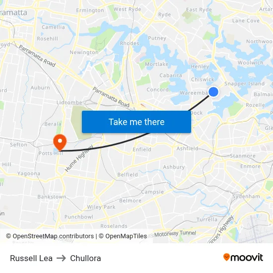 Russell Lea to Chullora map