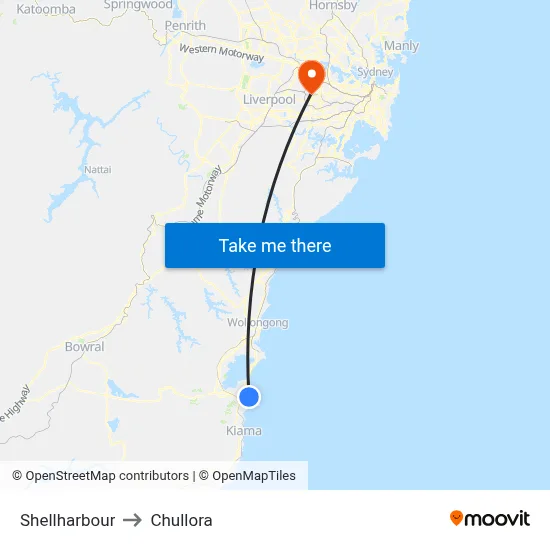 Shellharbour to Chullora map