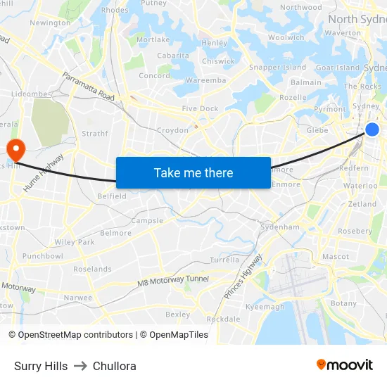 Surry Hills to Chullora map