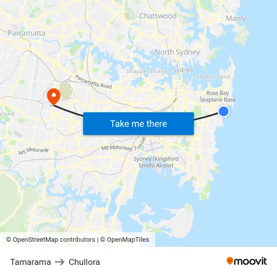Tamarama to Chullora map