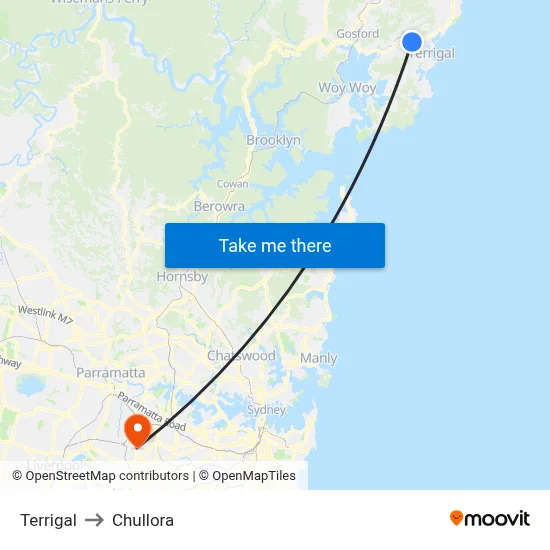 Terrigal to Chullora map