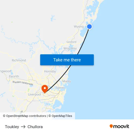 Toukley to Chullora map