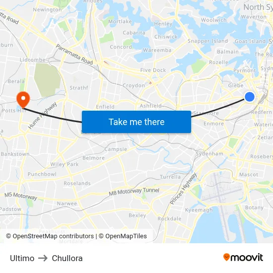 Ultimo to Chullora map