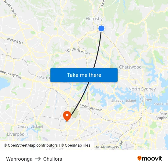 Wahroonga to Chullora map
