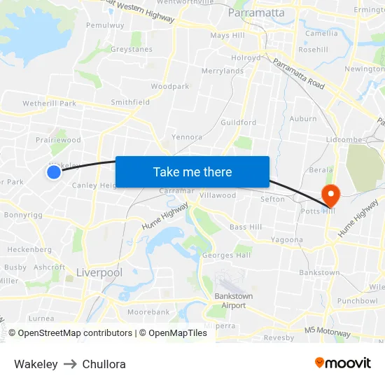 Wakeley to Chullora map