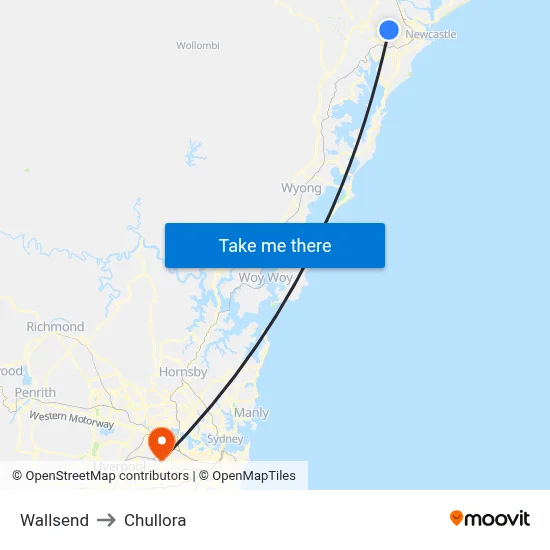 Wallsend to Chullora map