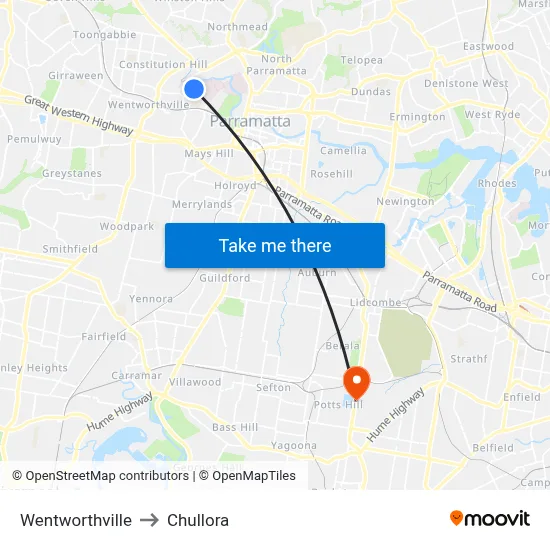 Wentworthville to Chullora map