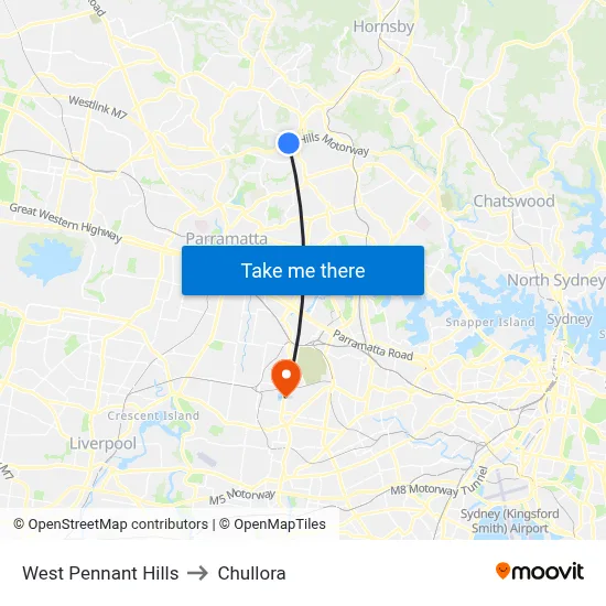 West Pennant Hills to Chullora map