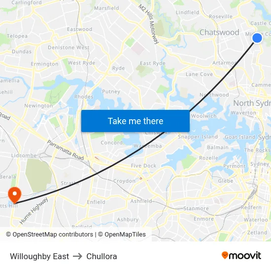 Willoughby East to Chullora map