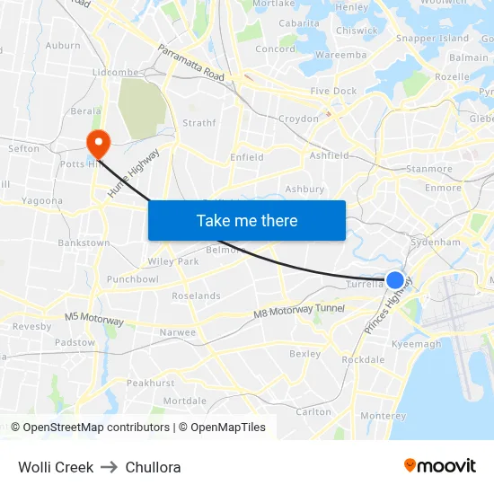 Wolli Creek to Chullora map
